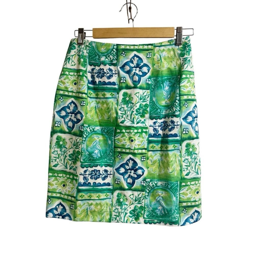 Talbots  Womens Green Floral Designer Mini Skirt Lined Back Slit Size‎ 6